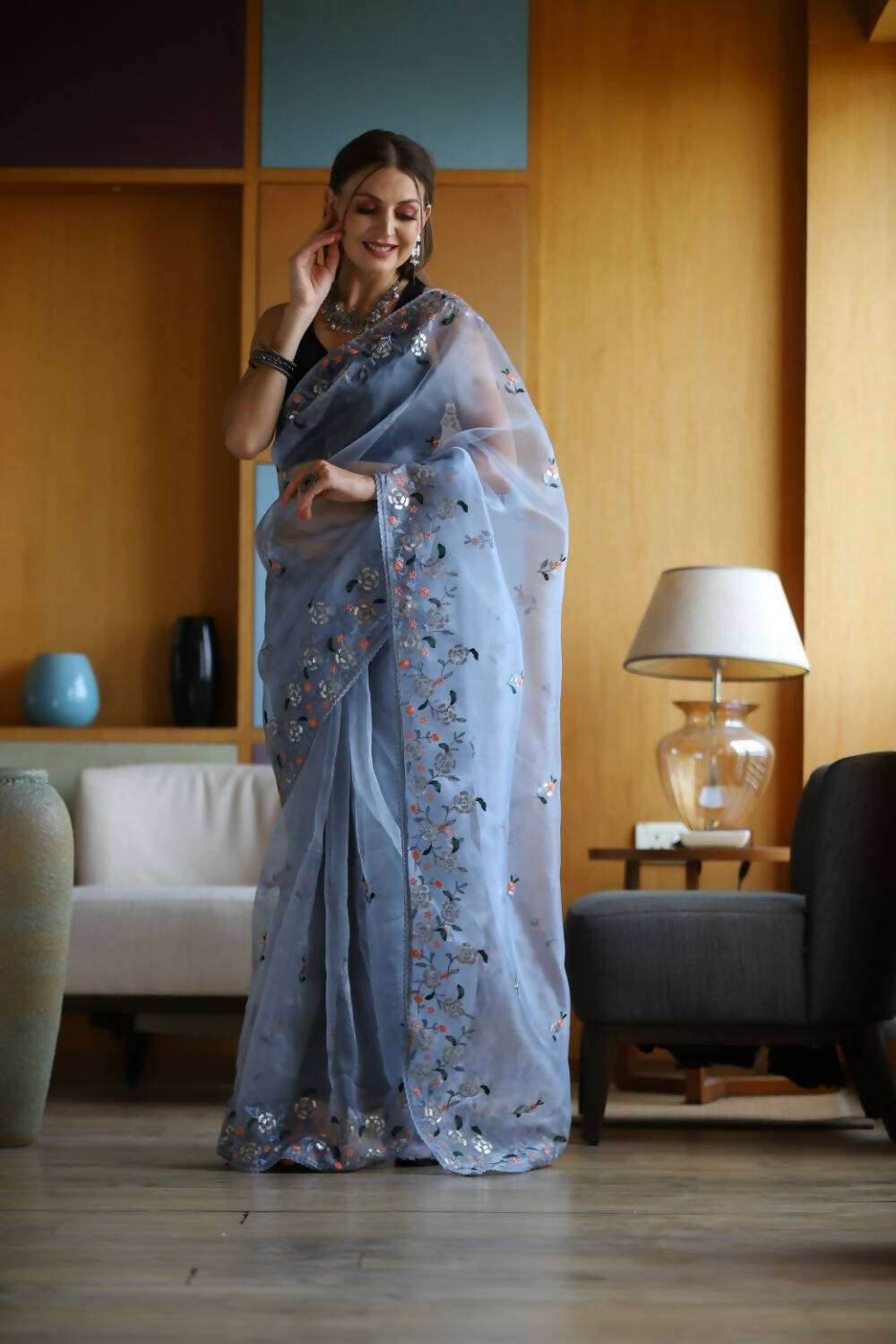 Vamsee Blue Organza Saree - Swadesiicart