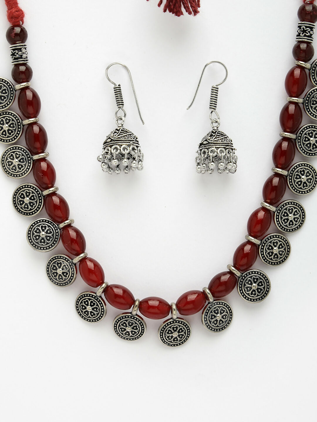 NVR Women's Red Silver-Plated Choke Oxidized Necklace with Jhumka Earrings - Swadesiicart