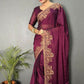 Vastranavya Wine Rangoli Silk Zari work with DMC Swarovski work Ready to Wear Saree | Swadesiicart