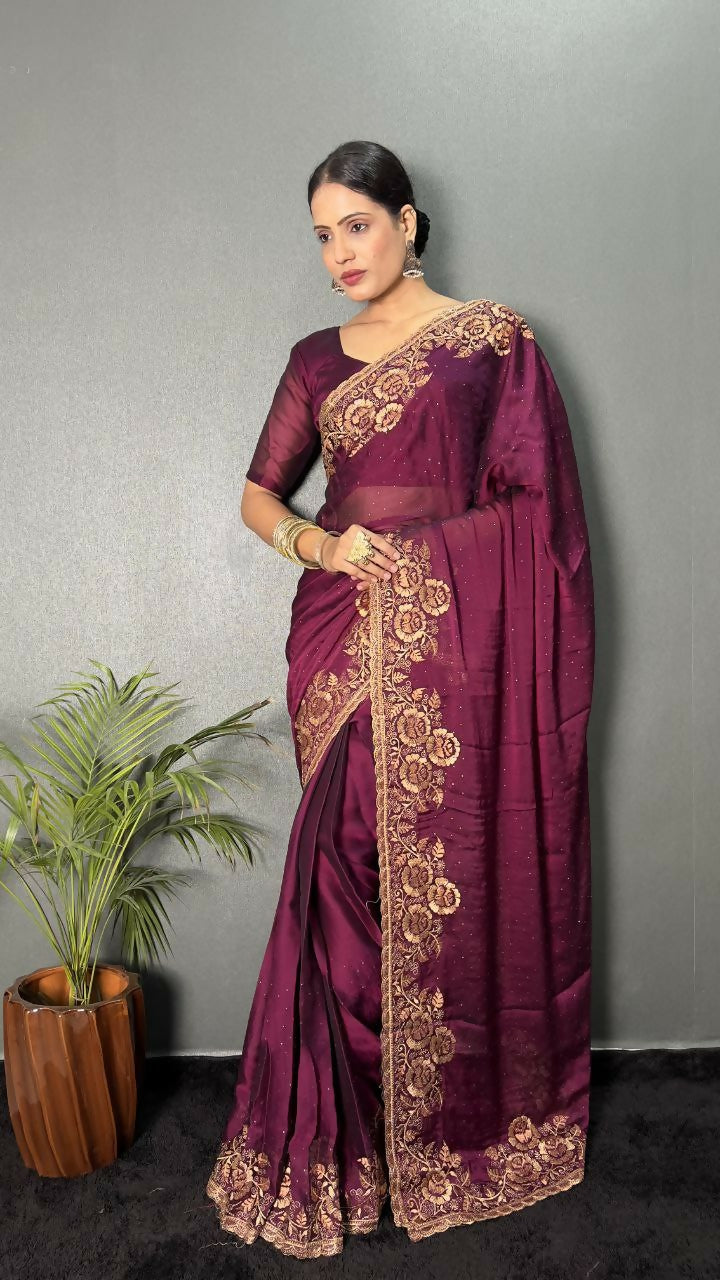 Vastranavya Wine Rangoli Silk Zari work with DMC Swarovski work Ready to Wear Saree | Swadesiicart