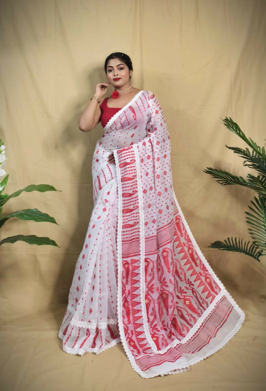 Exclusive Collection Beautiful White Red Jaal Jamdani Saree - Swadesiicart