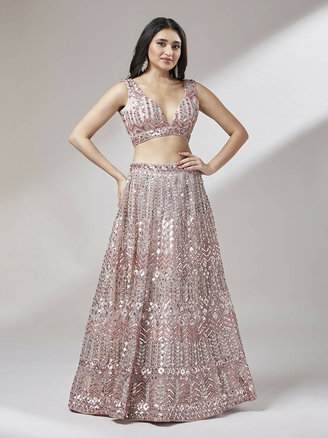 House of Panchhi Rose Gold Net Mirror & Sequinse embroidery Lehenga choli & Dupatta | Swadesiicart