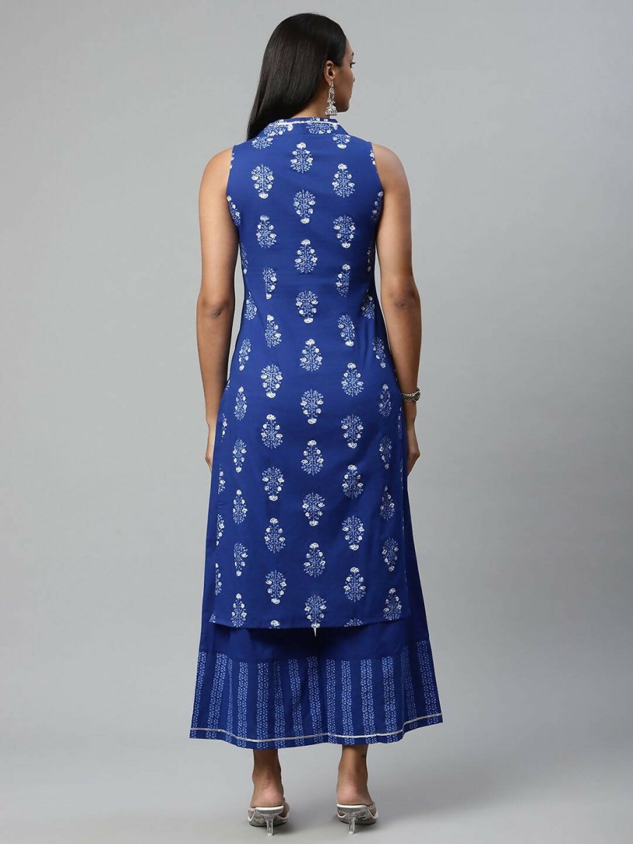 Ahalyaa Womens Indigo Blue Pure Cotton Printed Kurta Palazzo Set | Swadesiicart