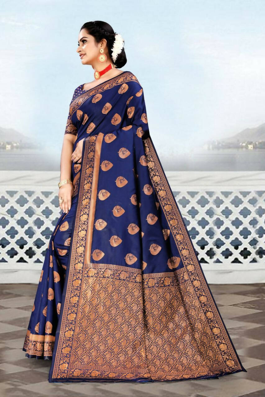 DEIANA'S Beautiful Designer Golden zari Soft Lichi Silk Saree - Blue - Swadesiicart