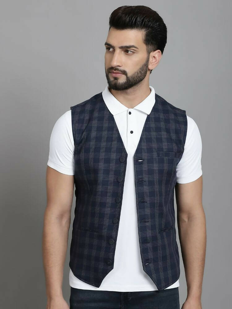 Even Apparels Checked Waistcoat With Welt Pockets - Navy Blue | Swadesiicart