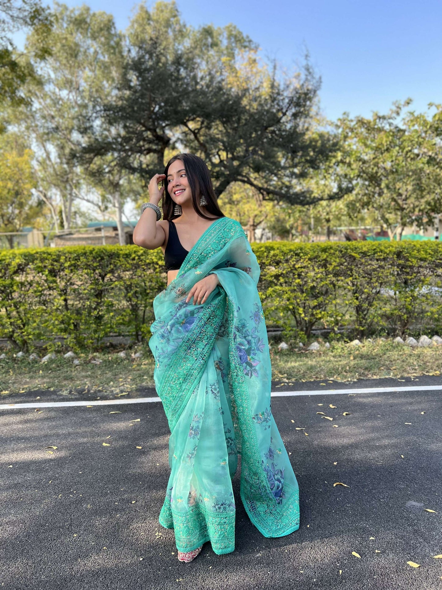 Vamsee Vidhi 1 Blue Organza Saree - Swadesiicart