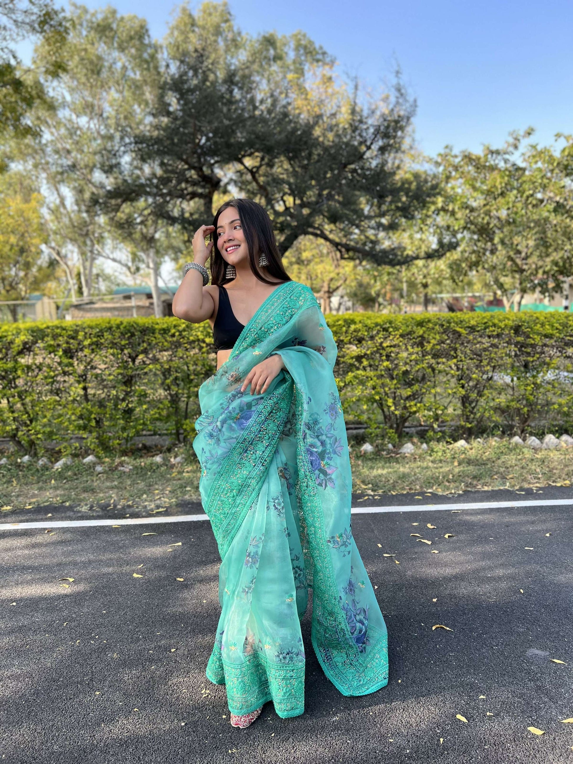 Vamsee Vidhi 1 Blue Organza Saree - Swadesiicart
