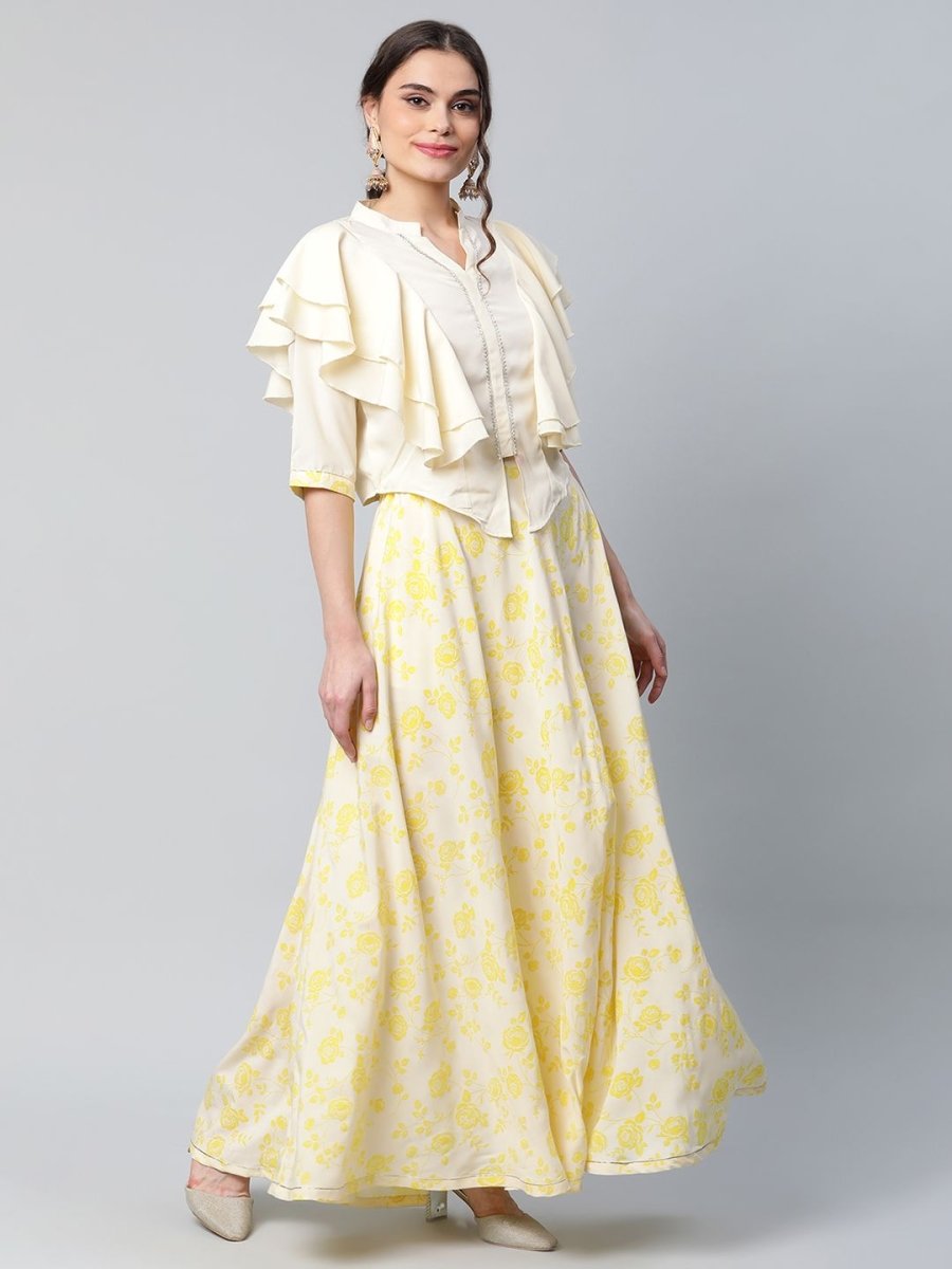 Ahalyaa Women Crepe Cream Solid Top with Printed Skirt with Ruffle Details | Swadesiicart