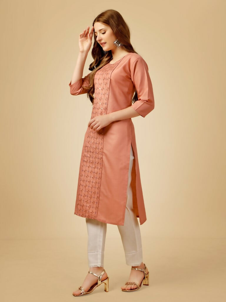 Jyoti Fashion Women's Gajri Cotton Blend Embroidered Kurta Pant Set | Swadesiicart