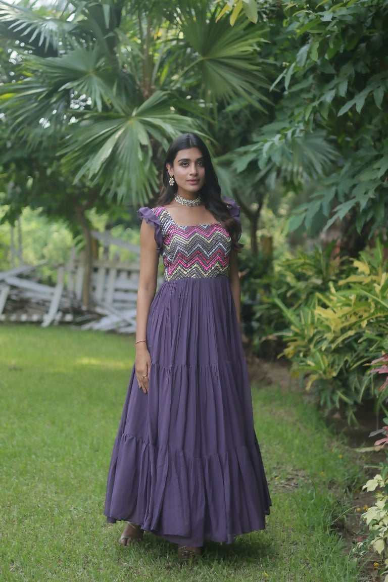 Jyoti Fashion Women's Wine Sequins Thread Embroidery Faux Georgette Anarkali Dress | Swadesiicart