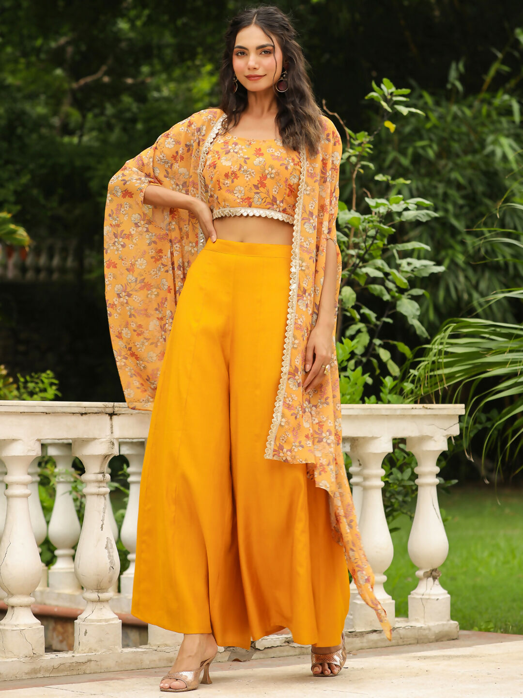 Janasya Mustard Georgette Floral Top Bottom Cape | Swadesiicart