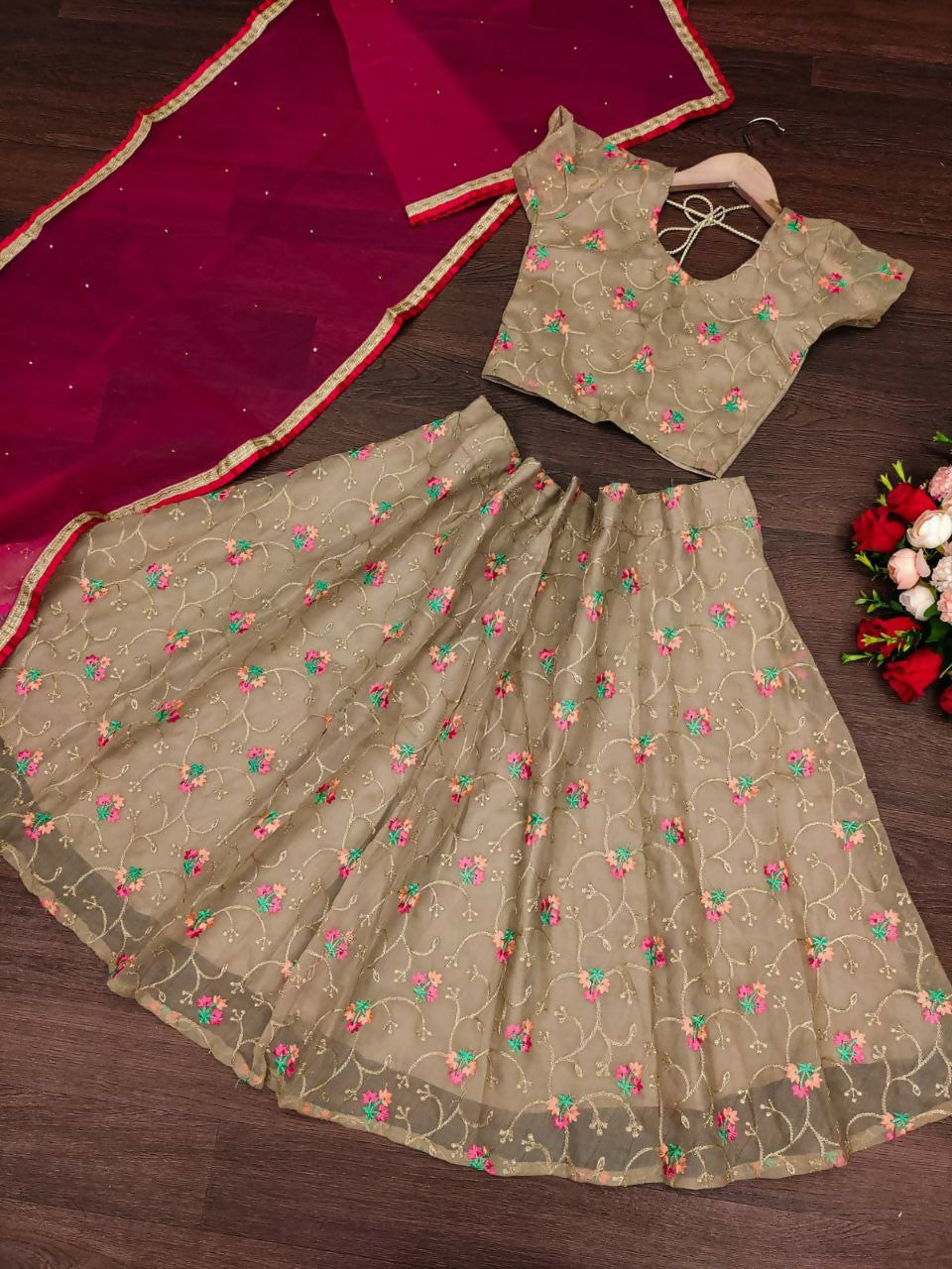 Jyoti Fashion Beautiful Beige Organza Silk Embroidered Kids Lehenga Choli Set | Swadesiicart