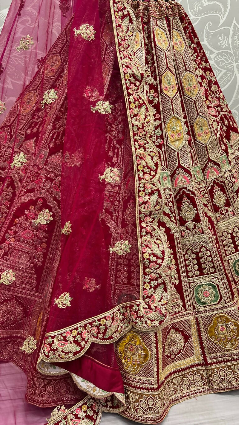 Jyoti Fashion Women's Rani Pink Velvet Dori, Multi Thread Embroidered with Diamond Work Wedding Lehenga Choli | Swadesiicart