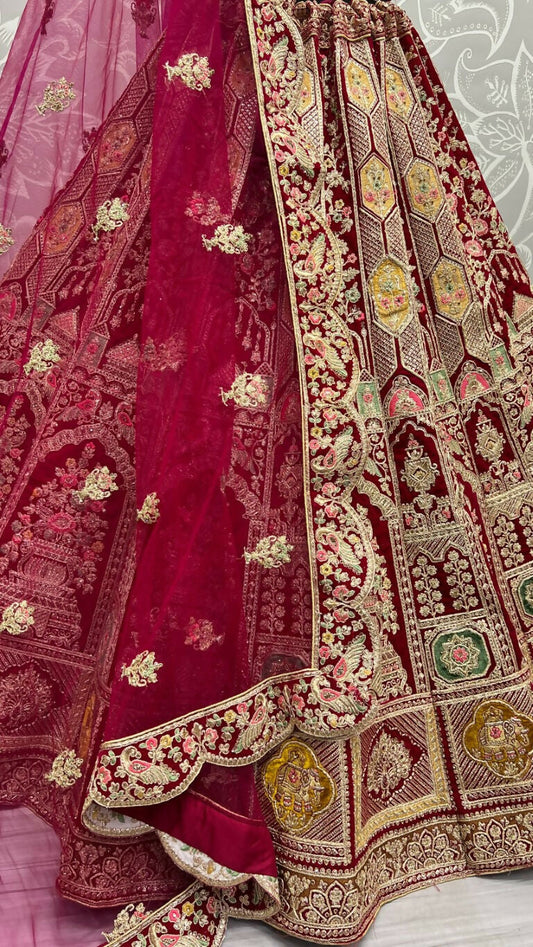 Jyoti Fashion Women's Rani Pink Velvet Dori, Multi Thread Embroidered with Diamond Work Wedding Lehenga Choli | Swadesiicart