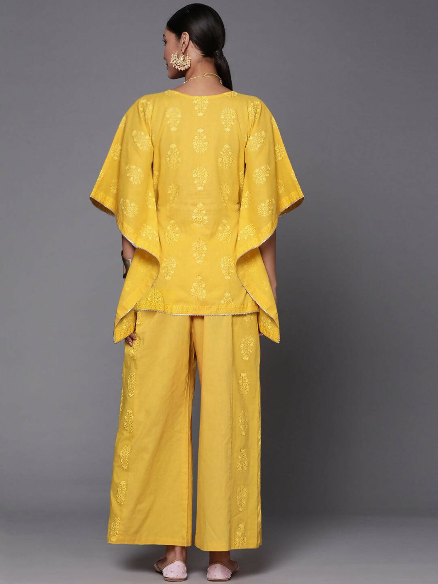 Ahalyaa Women Mustard Yellow Floral Printed Pure Cotton Co-Ords - Swadesiicart
