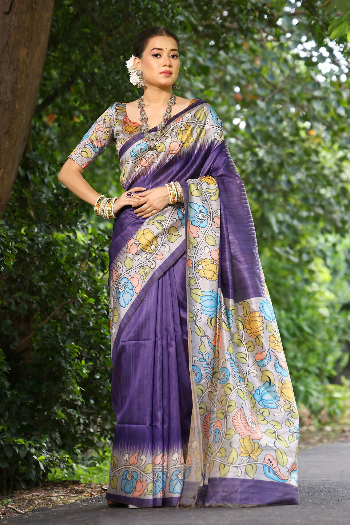 Vishnu Weaves Women's Purple Cotton Silk Woven Saree with Blouse - Swadesiicart