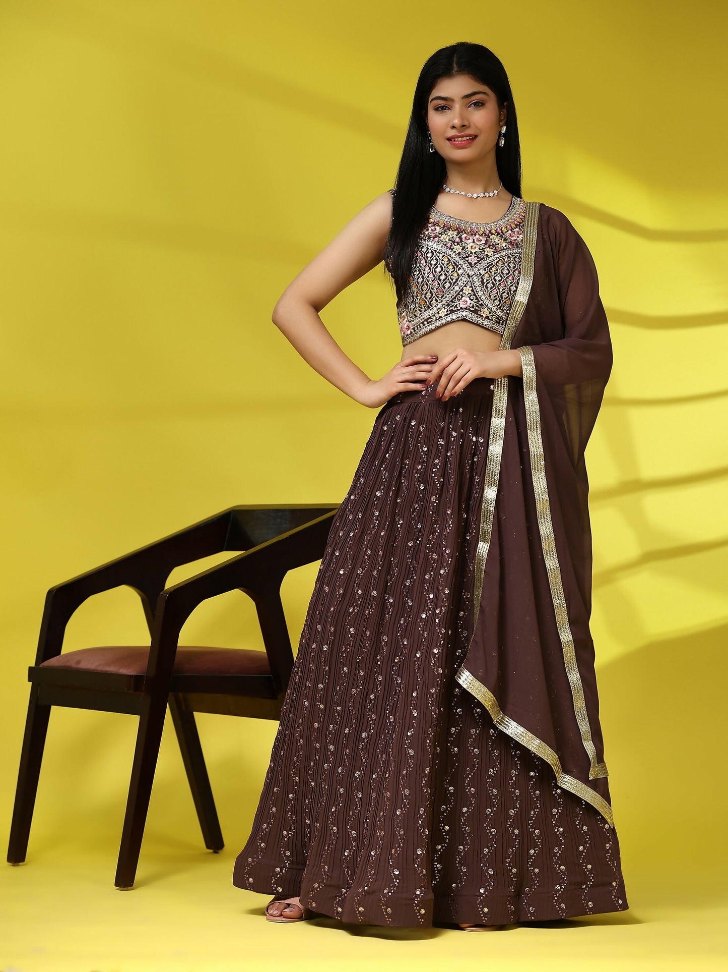 Brown Georgette Embroidered Lehenga choli with Dupatta - Dhara | Swadesiicart