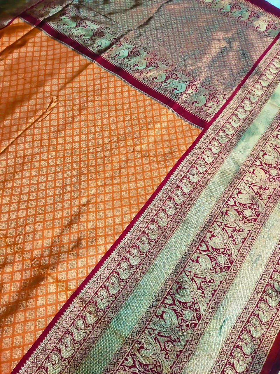 DEIANA'S Beautiful Designer Golden zari Soft Lichi Silk Saree - Orange - Swadesiicart