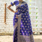 Vishnu Weaves Women's Royal Blue Banarasi Silk Floral Zari Woven Saree with Unstitched Blouse - Swadesiicart