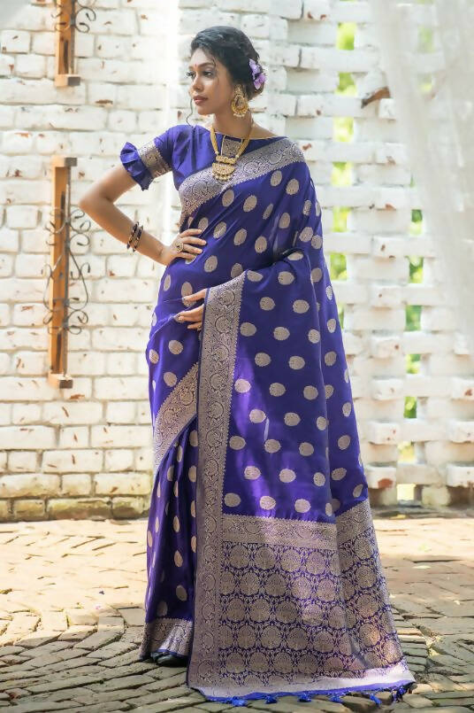 Vishnu Weaves Women's Royal Blue Banarasi Silk Floral Zari Woven Saree with Unstitched Blouse - Swadesiicart