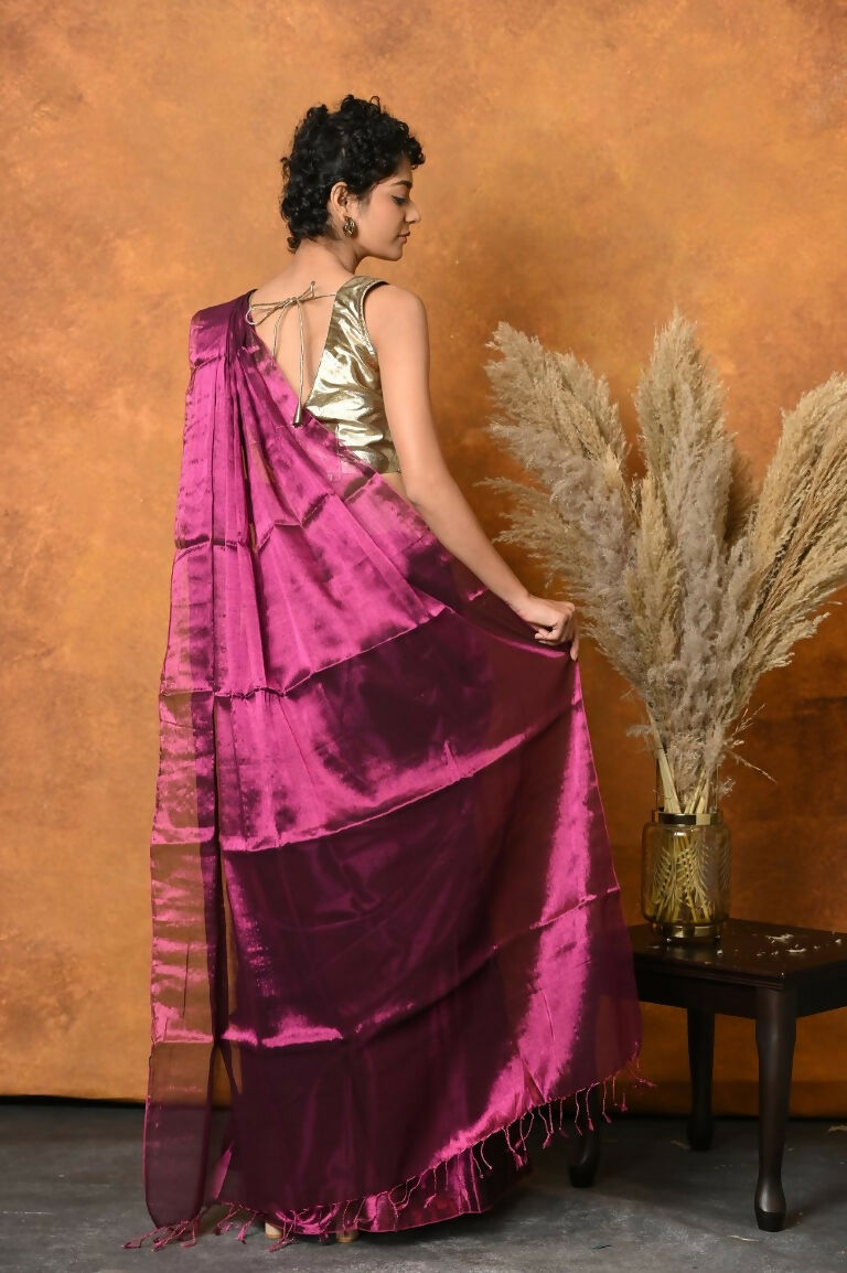 Very Much Indian Fusion Cotton Tissue Shimmer Saree - Maroon | Swadesiicart