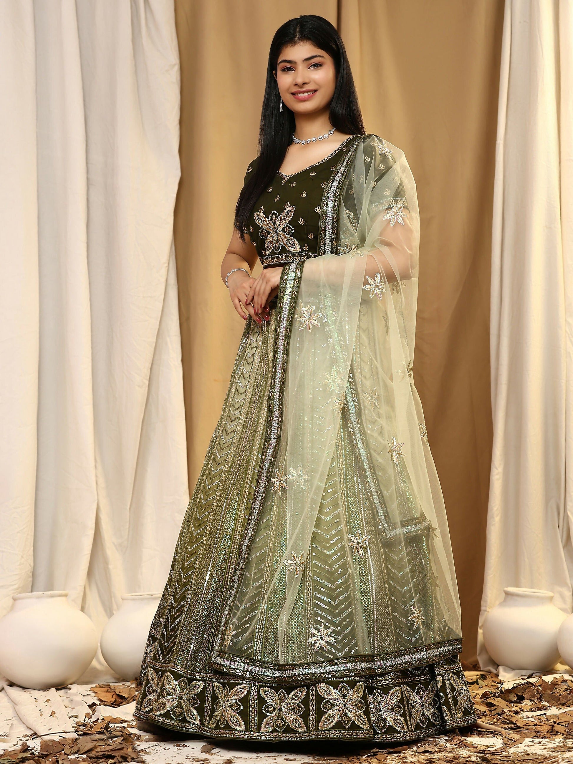 Green Fancy Net Sequence Embroidered Lehenga Choli with Dupatta - Dhara | Swadesiicart