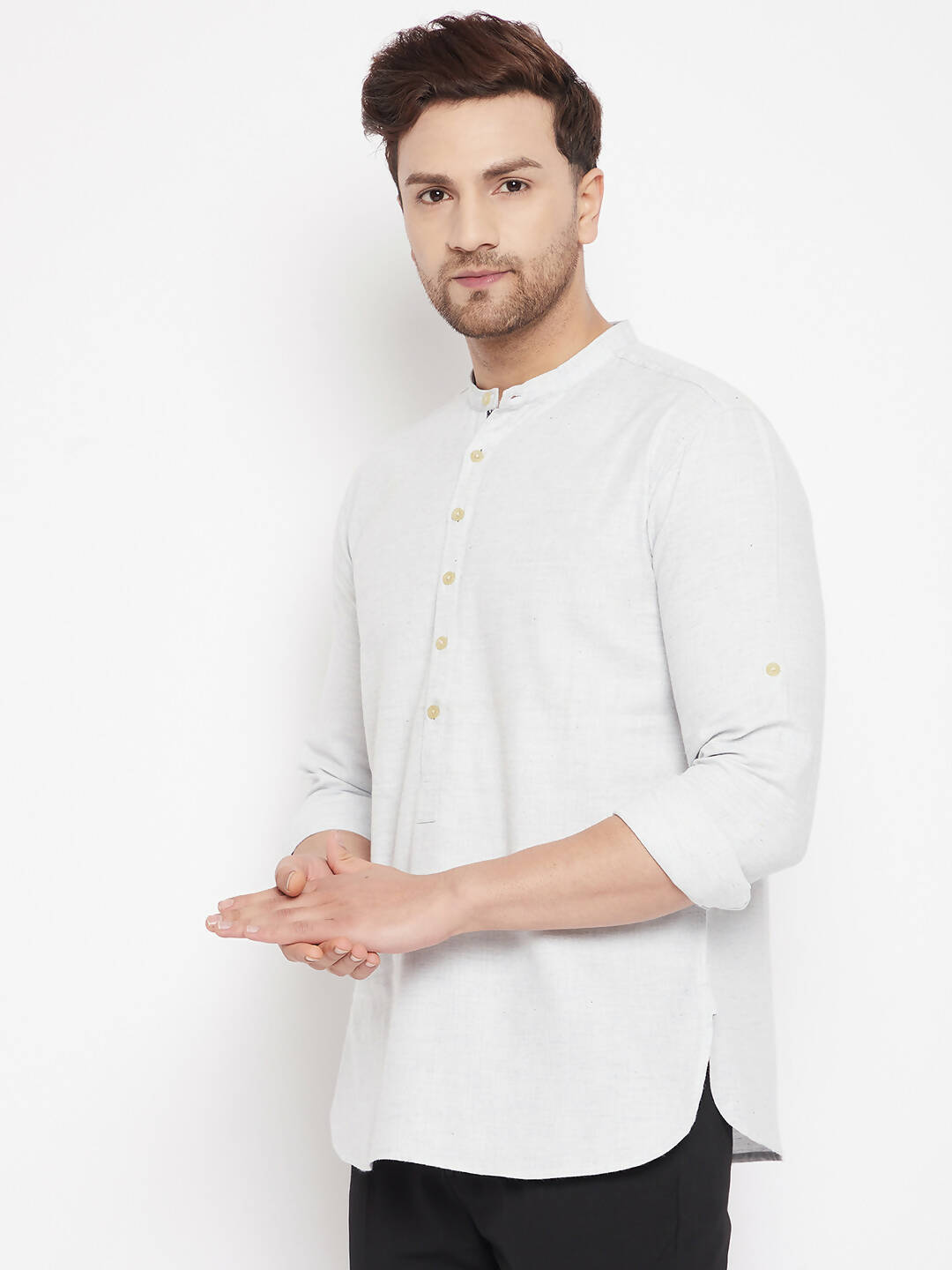Even Apparels Cream Acrylic Short Men's Kurta With Band Collar | Swadesiicart