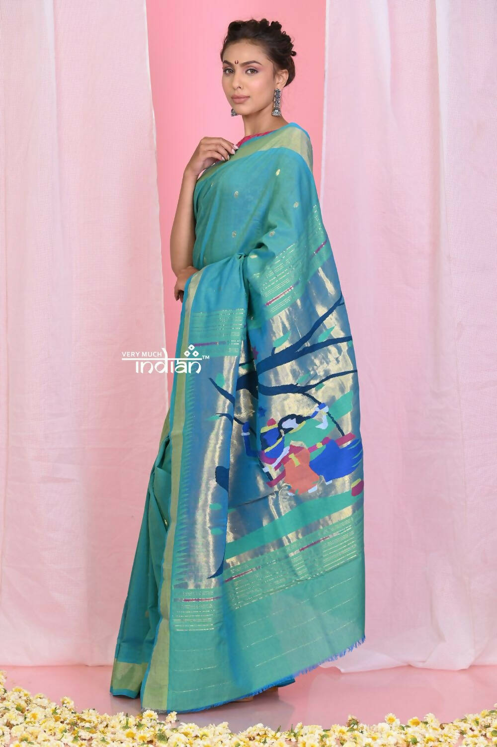 Very Much Indian Handloom Pure Cotton Paithani -Turquoise Blue | Swadesiicart