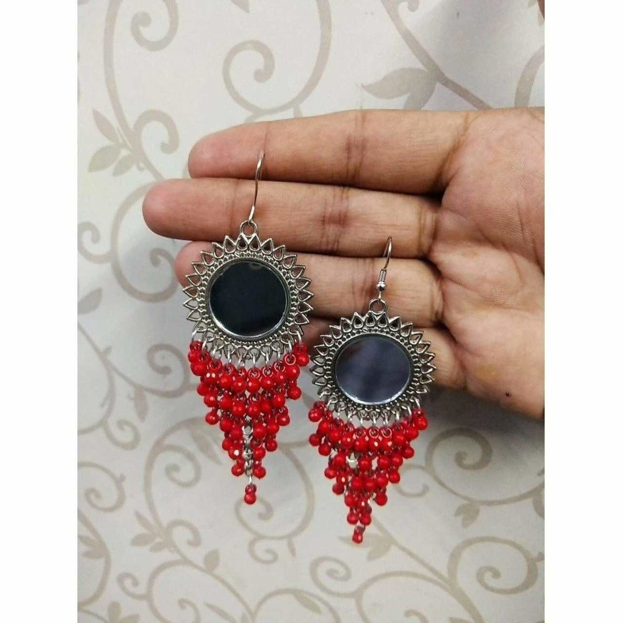 MS Fashion India Red Color Jhalar Long Drop Party Beads Sun Design Earrings | Swadesiicart