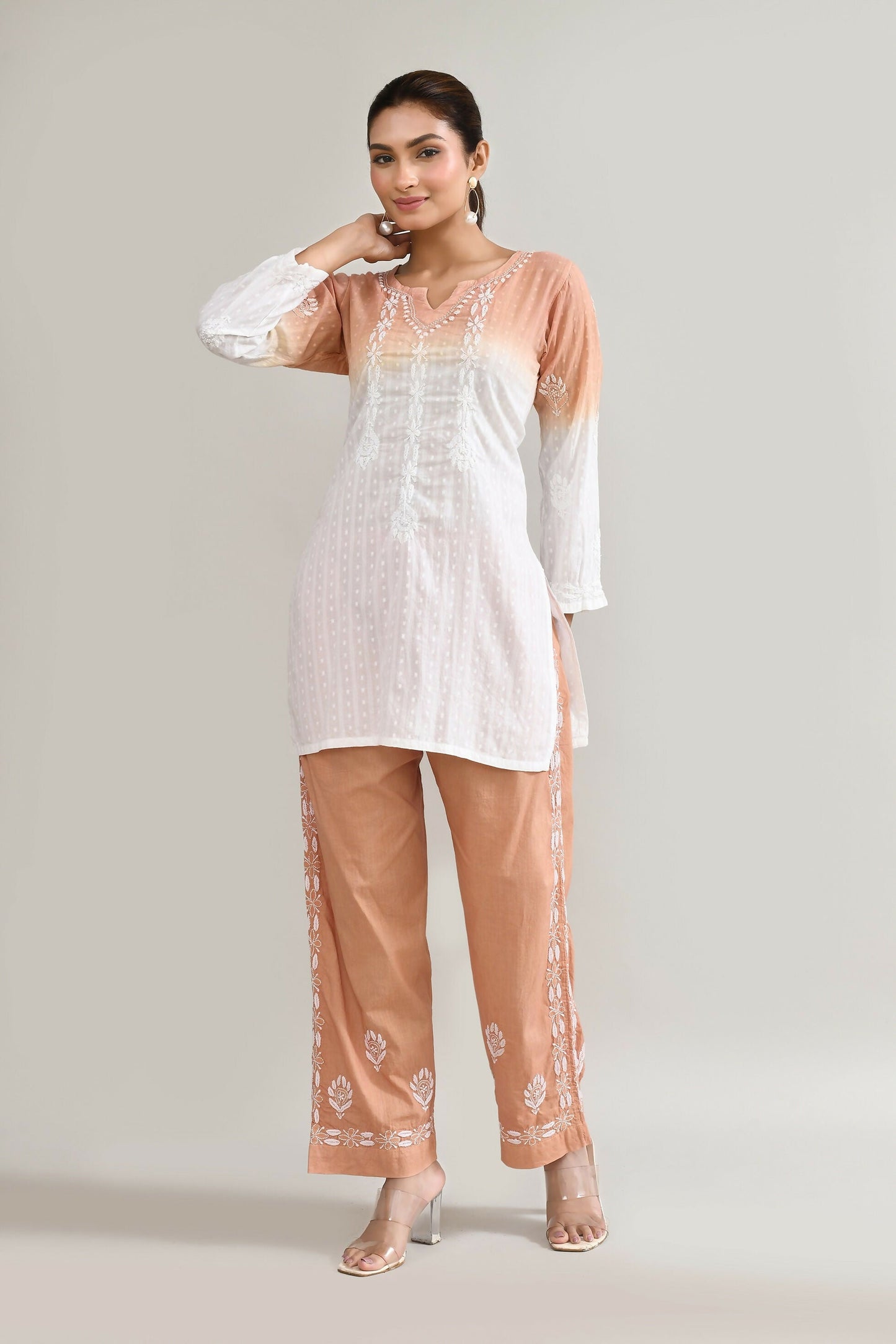 Joban Fashion Womens Cotton ChikanKari Brown Cord set - Swadesiicart