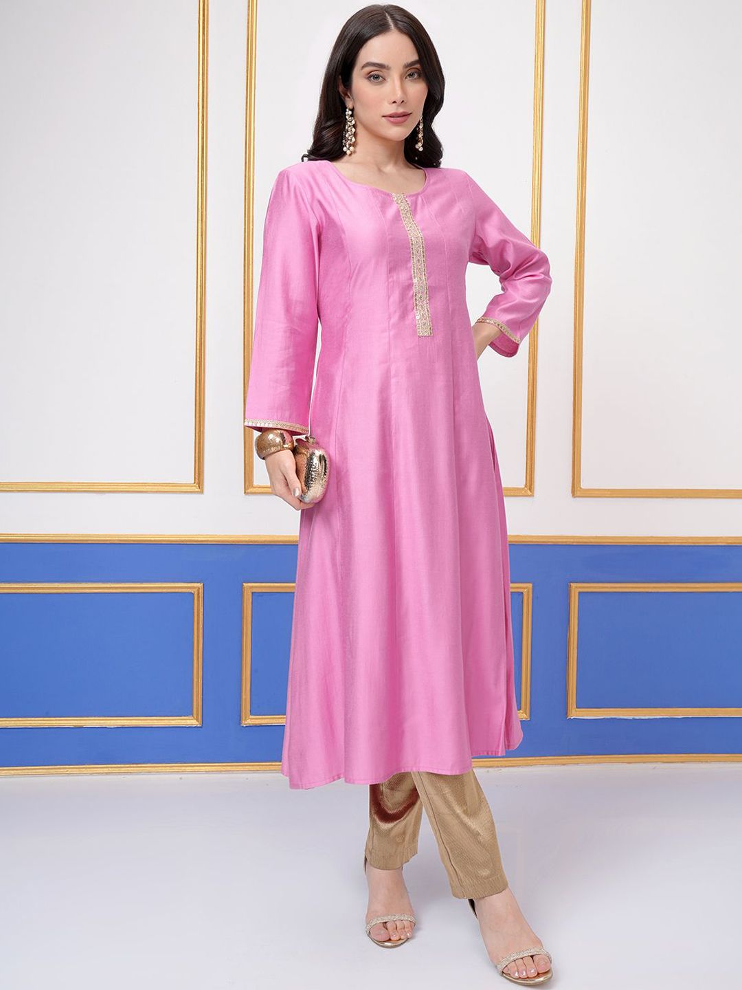 Vishudh Pink Round Neck Three-Quarter Sleeves Panelled A-Line Kurta - Swadesiicart