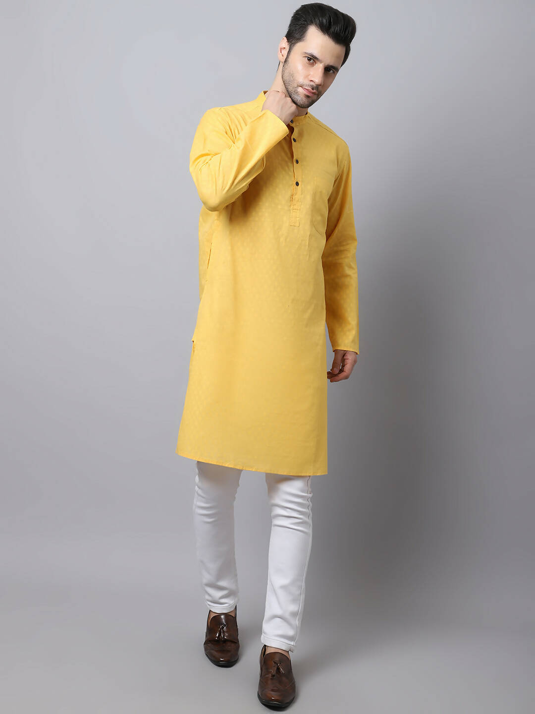 Even Apparels Yellow Pure Cotton Men's Kurta With Band Collar (SLD1183) | Swadesiicart