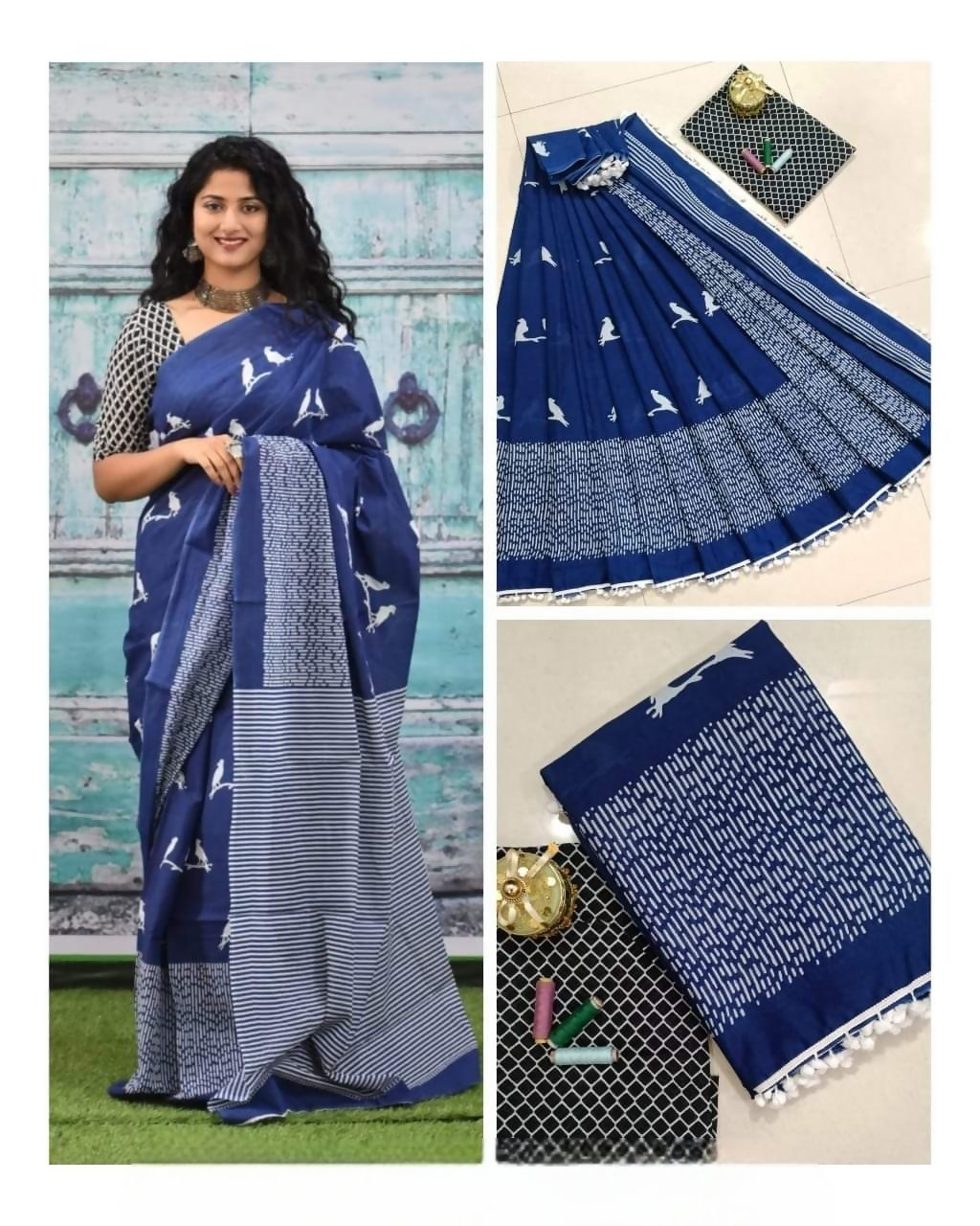 Exclusive Collection Blue Red Beautiful Mulmul Cotton Saree - Swadesiicart