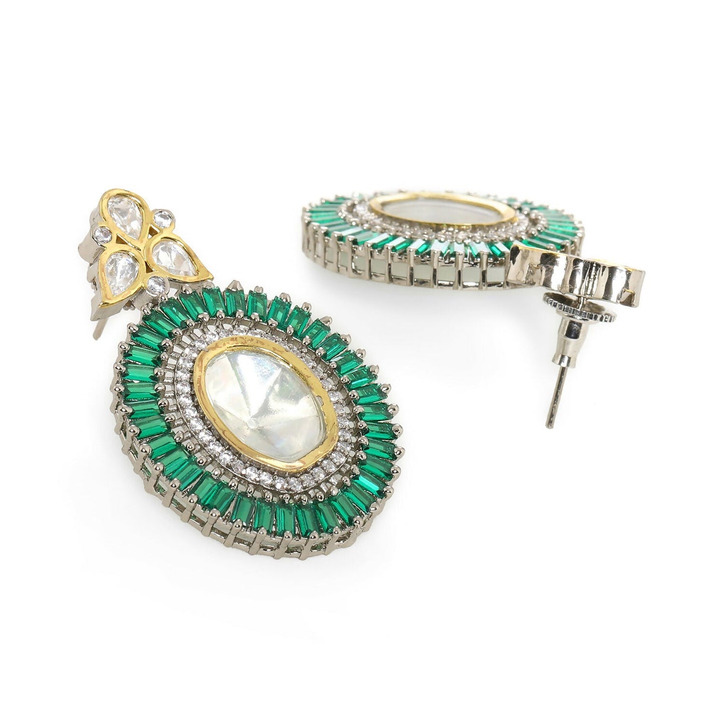 Kundan and Diamond with Green Stones Dangler Earrings (Green) - Ruby Raang | Swadesiicart