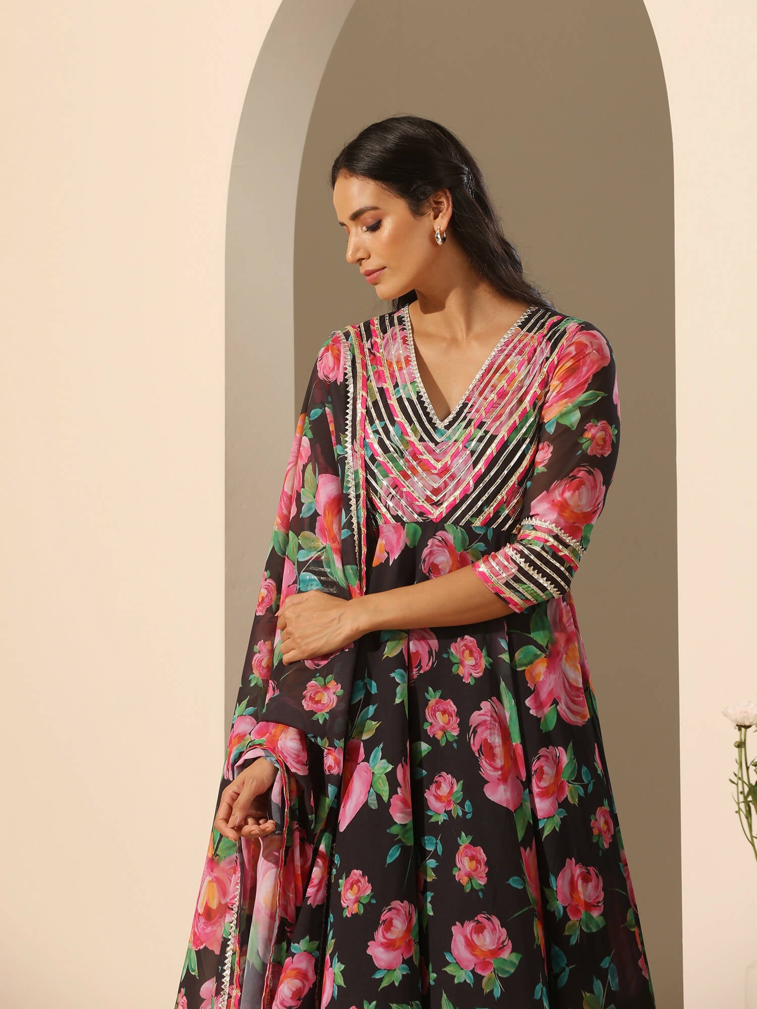 Pomcha Jaipur Black Gul Gulab Anarkali Set | Swadesiicart