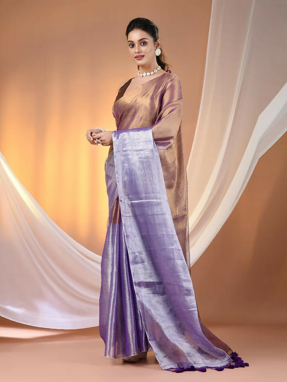Exclusive Collection Beautiful Copper Tissue Silk Hand Weaving Handloom Saree With Running Blouse Piece - Swadesiicart