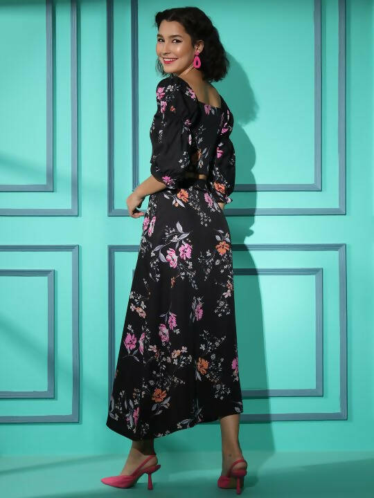 Black Crepe Floral Printed Top with Matching Skirt - Shivani