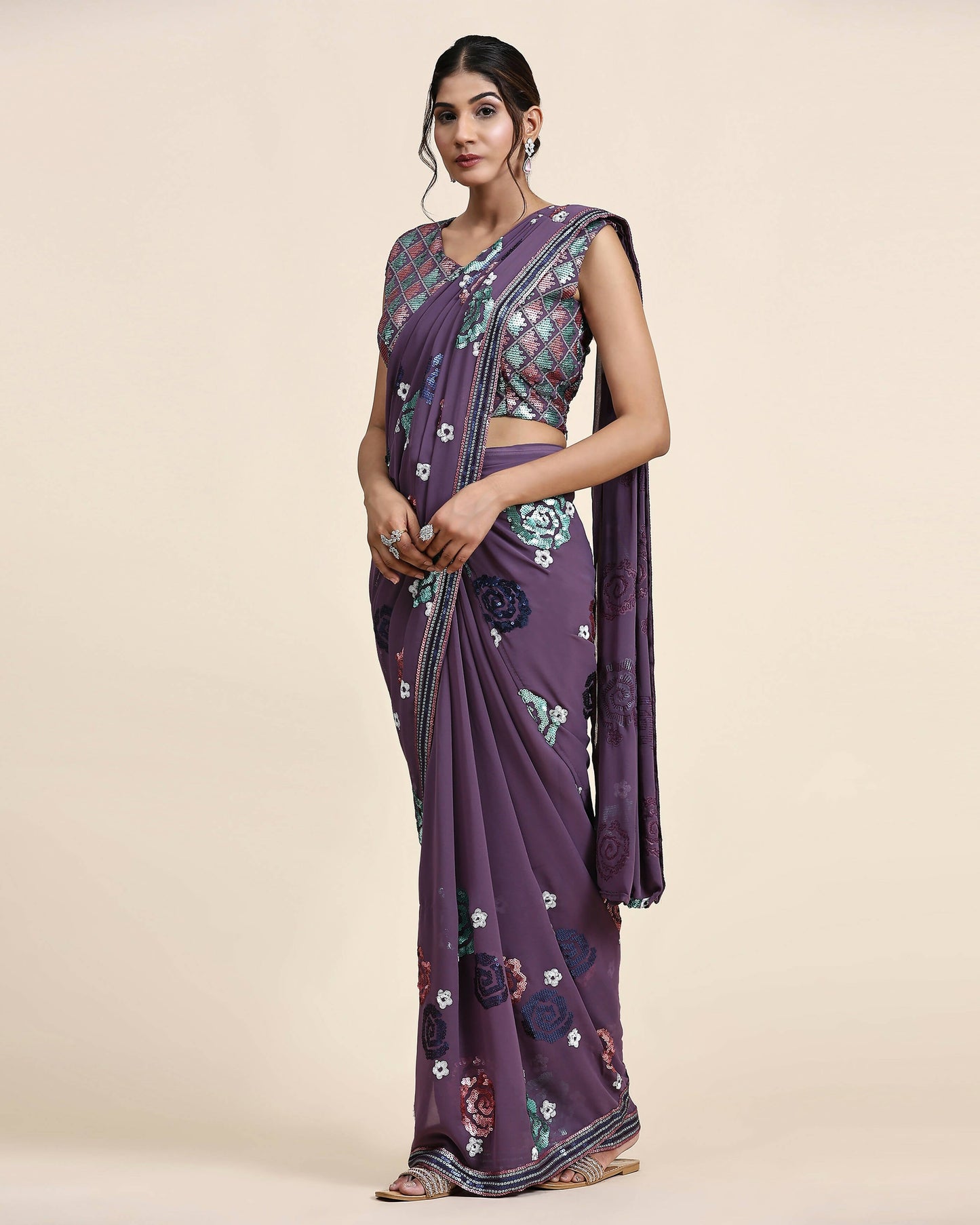 Purple Pure Georgette Sequence work Ready to wear Saree with stitched Blouse - Nirvana | Swadesiicart