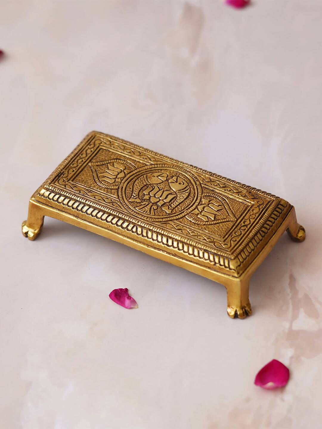 eCraftIndia Beige Lotus Flowers Engraved Pooja Chowki | Swadesiicart