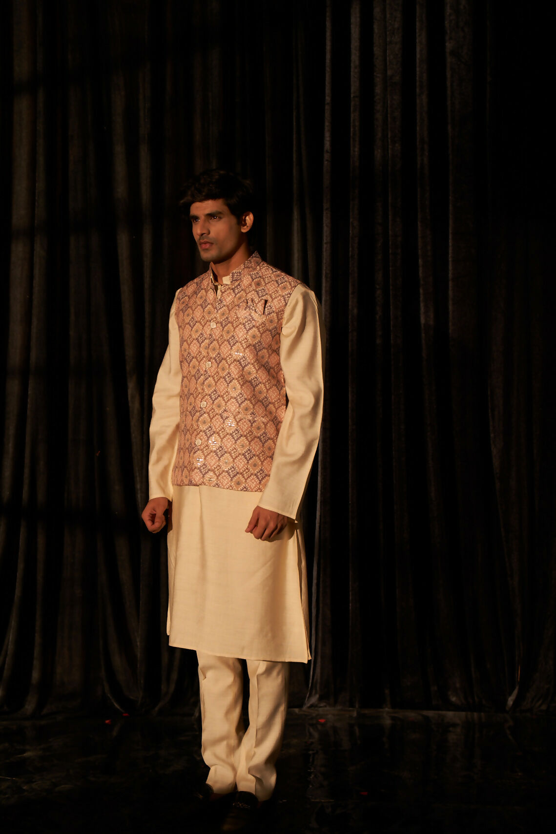 Brown Viscose Designer Printed Men's Kurta Set with Koti - Mahotsav