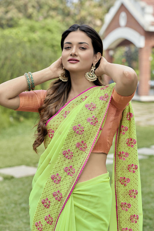 Vamsee Rashmika 2.0 Green Georgette Silk Saree - Swadesiicart