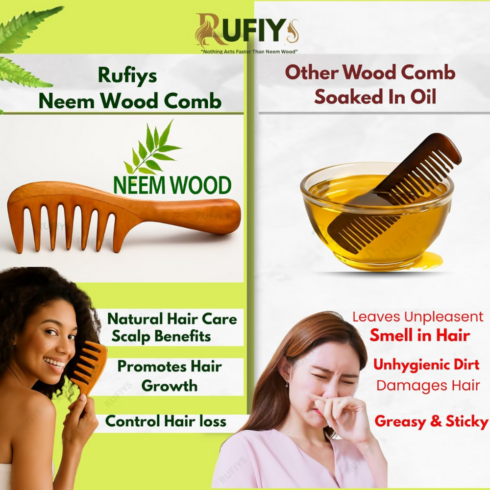 Rufiys Wooden Curly Hair Wide Neem Wood Comb - Swadesiicart