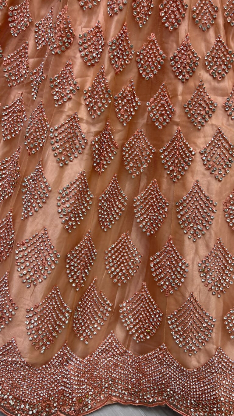 Jyoti Fashion Women's Peach Bridal Net Fancy Dori & Multi Thread Embroidered with Zircon Diamond Work Wedding Lehenga Choli | Swadesiicart