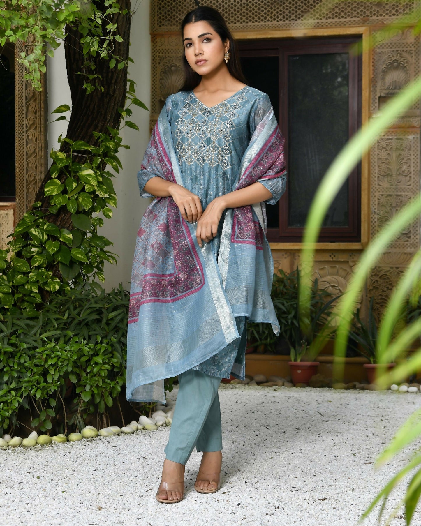 Vaasva Women's Chanderi Printed Suit Set With Pant And Printed Dupatta | Swadesiicart