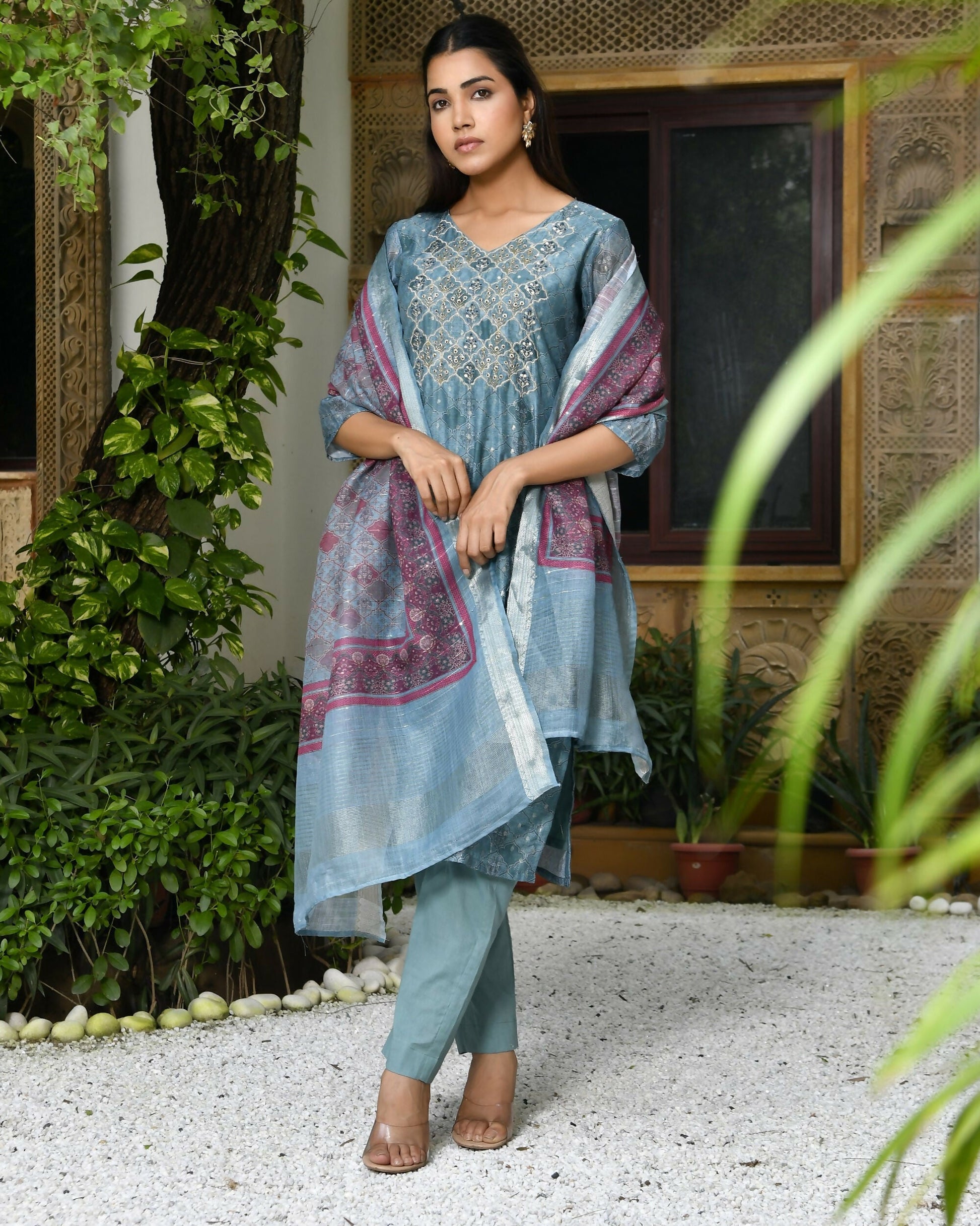 Vaasva Women's Chanderi Printed Suit Set With Pant And Printed Dupatta | Swadesiicart