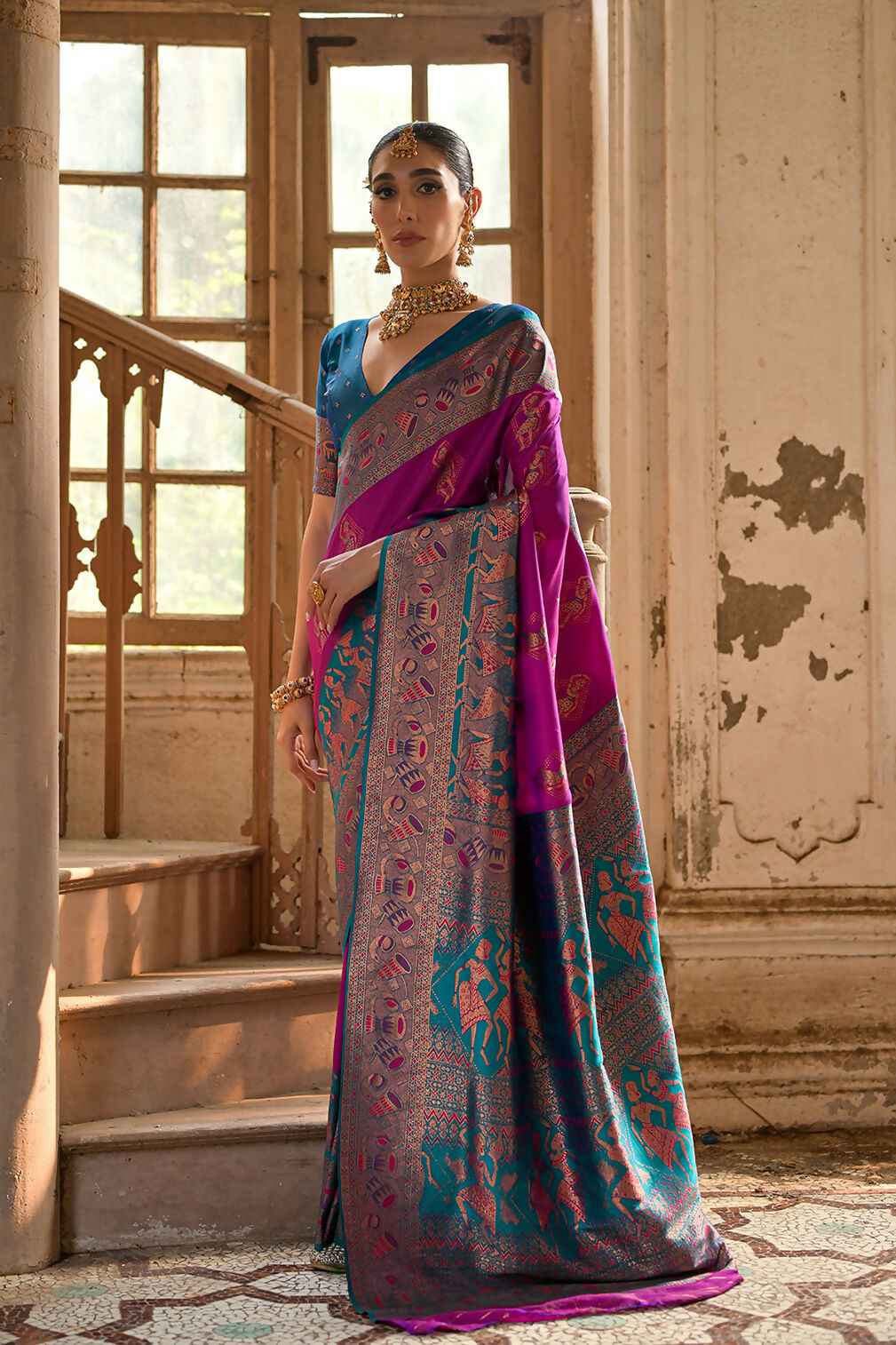 Vishnu Weaves Women's Wine Banarasi Silk Kalamkari Zari Woven Saree with Blouse - Swadesiicart