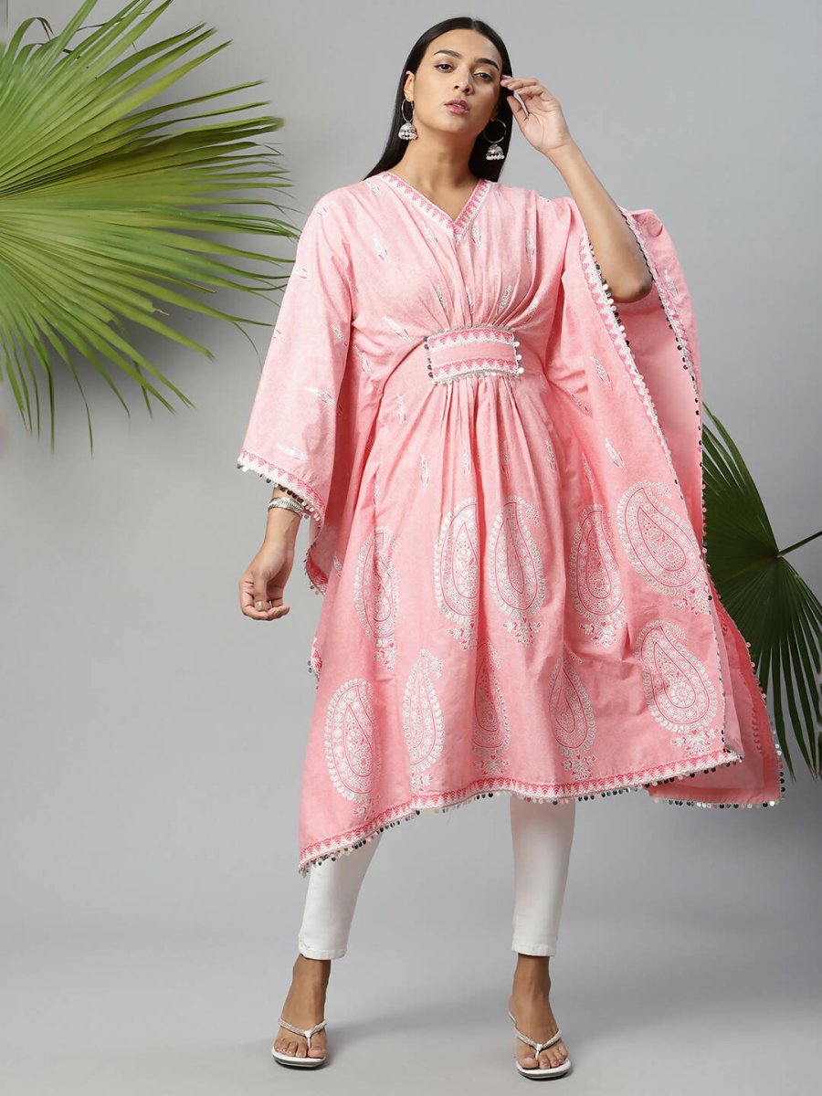 Ahalyaa Women Pink Pure Cotton Printed Kaftan Kurta | Swadesiicart
