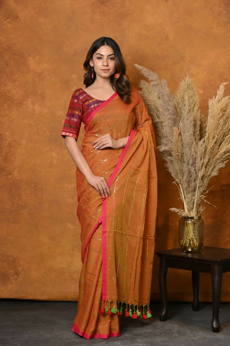 Very Much Indian Designer Mul Cotton Handloom Saree with Sequins - Orange | Swadesiicart