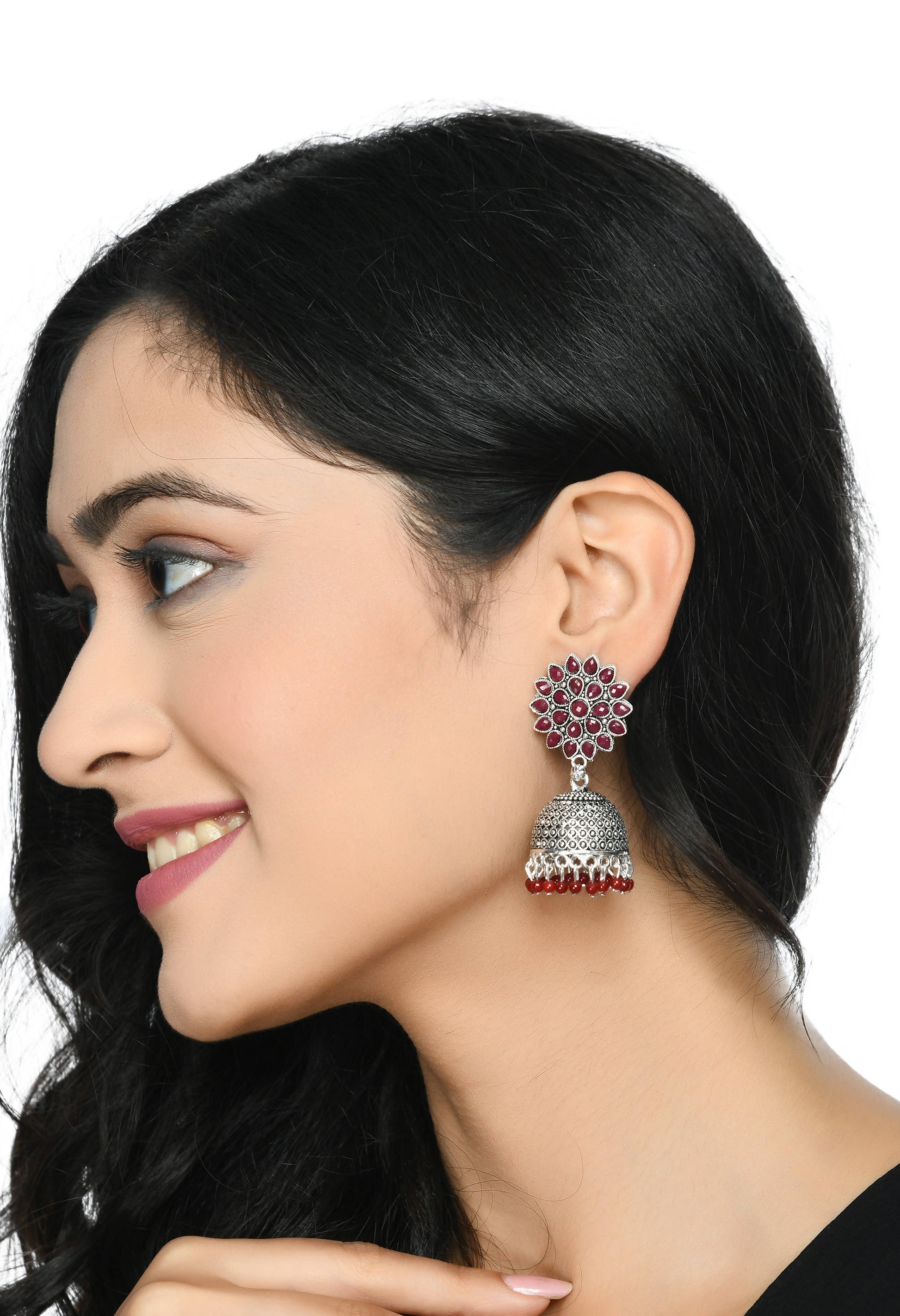 Mominos Fashion Johar Kamal Kundan Work Jhumka With Maroon Beads - Swadesiicart