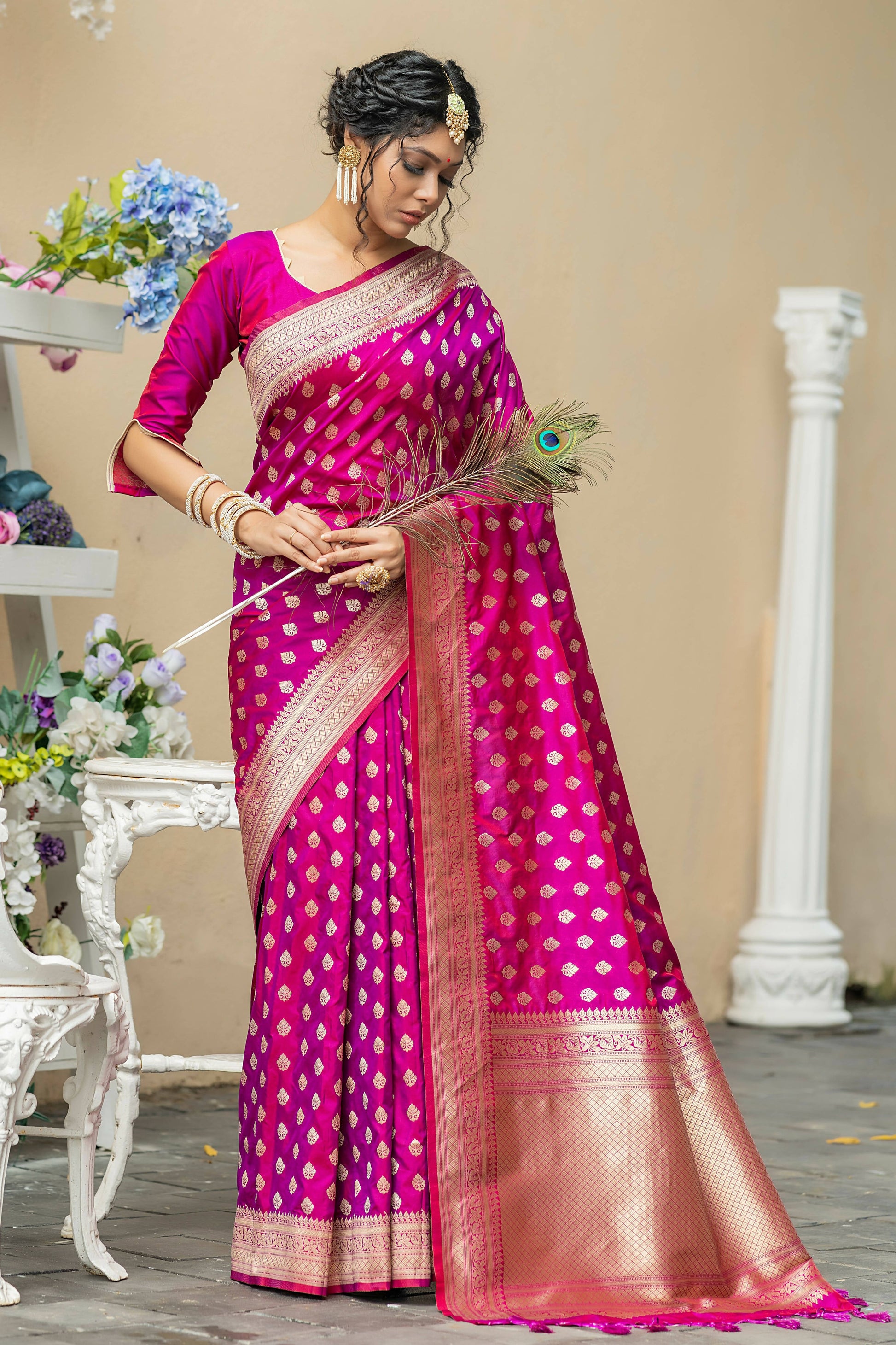 Vishnu Weaves Women's Wine Banarasi Silk Zari Woven Saree with Unstitched Blouse - Swadesiicart